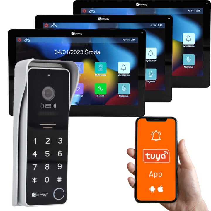 Genway F-S9V13-2W-C-3 2-Wire Video Doorbell Kit with 3x 7" Touch Monitors, WiFi Tuya