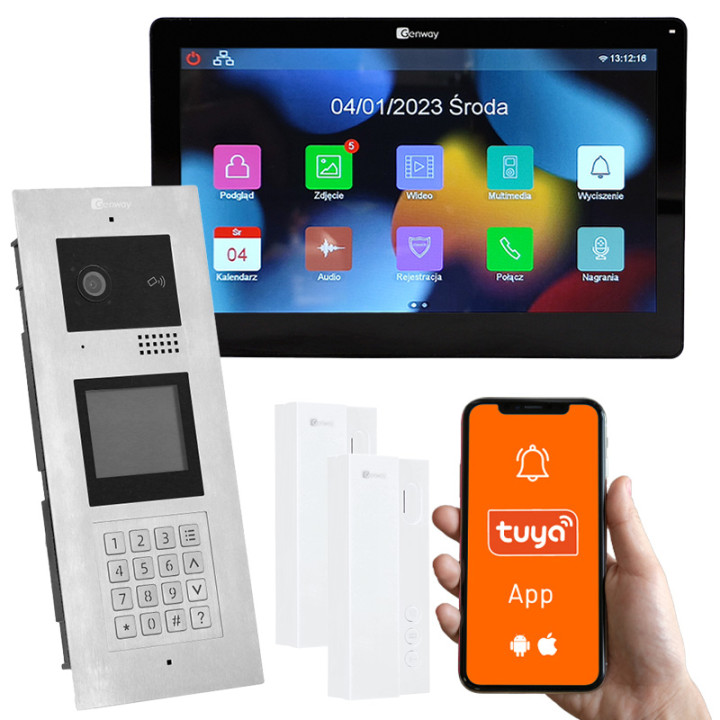 Genway KIT-F-M91-V13C-A01 Multi-Apartment Video Intercom Kit for 2 Families with Extra Handset, Code/Card/Fob Entry, Tuya Smartp