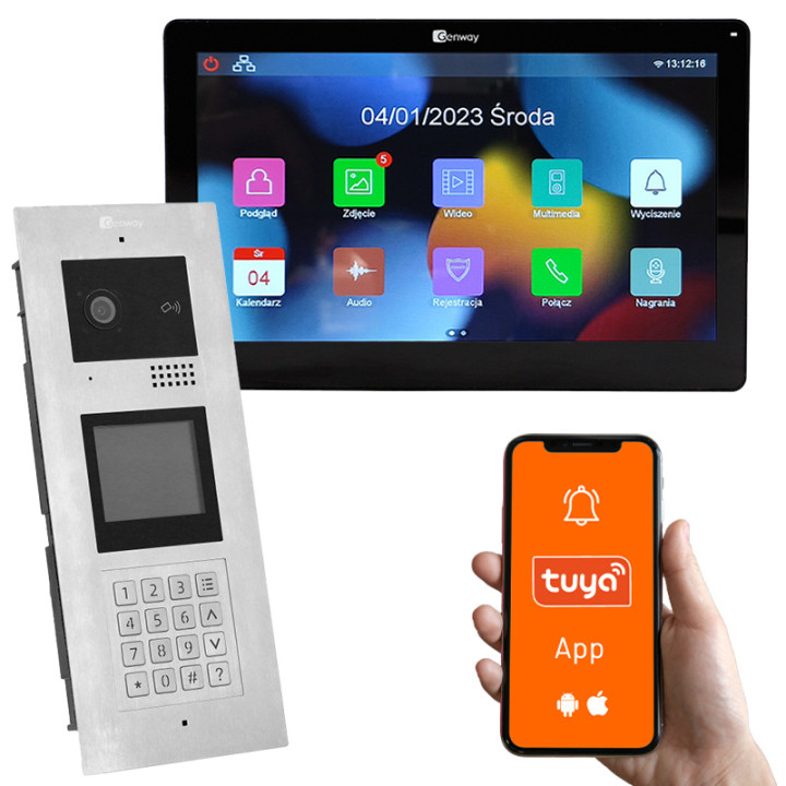 Genway KIT-F-M91-V13C-1 Multi-Apartment Video Doorbell Kit with Touchscreen Monitor, 1 Family, Code/Card/Key Fob Access, Tuya Sm