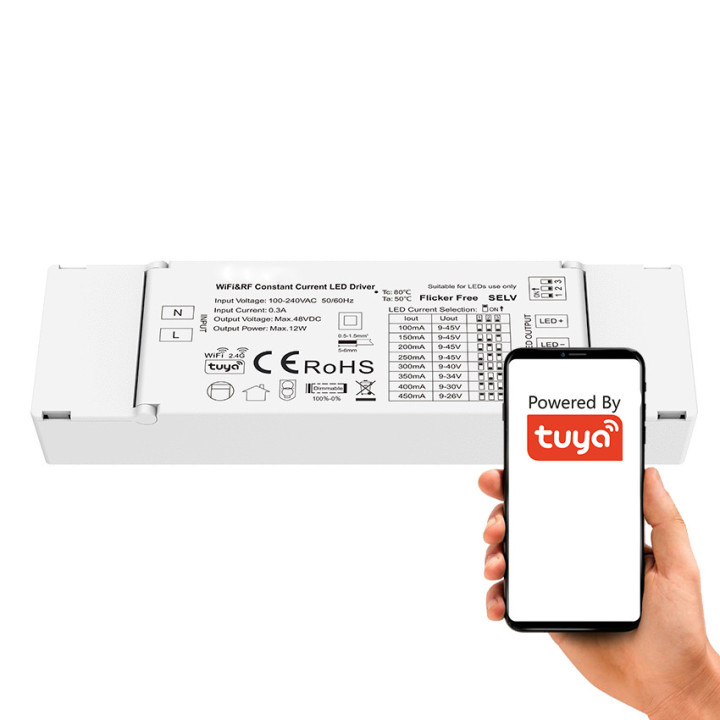 Contrôleur LED Mono WiFi+RF Tuya SD Series avec alimentation intégrée 9-45V DC 12W