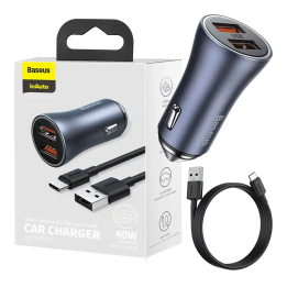 Baseus Golden Contactor Pro Car Charger 2x USB, 40W (grey) + USB to USB-C Cable 1m (black)