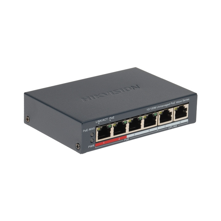 Hikvision DS-3E0106P-E/M(B) Switch PoE 6 ports 10/100 45W 4xPoE 2xRJ45 6kV 121x83x28mm