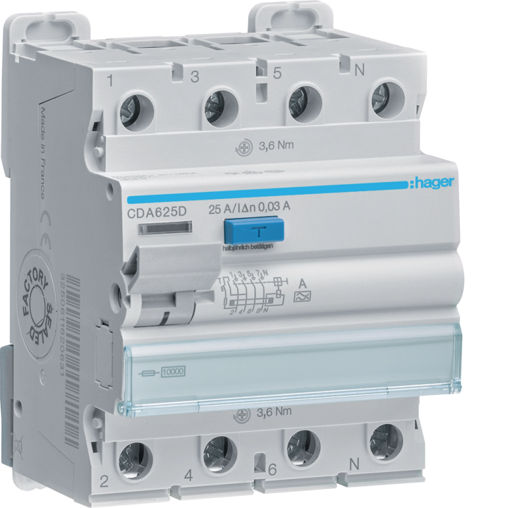Hager CDA625D RCCB 3P+N 25A 30mA Type A