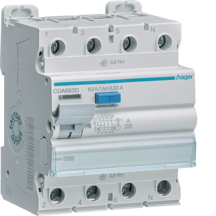 Hager CFA663D RCCB 3P+N 63A 30mA Type A