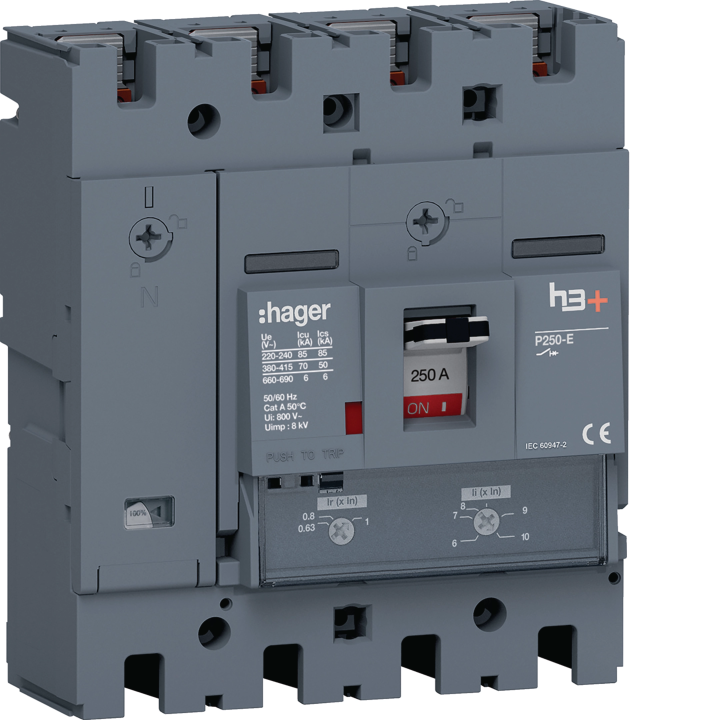 Hager HET251DR MCCB H3+ P250 TM 4x250A 70kA