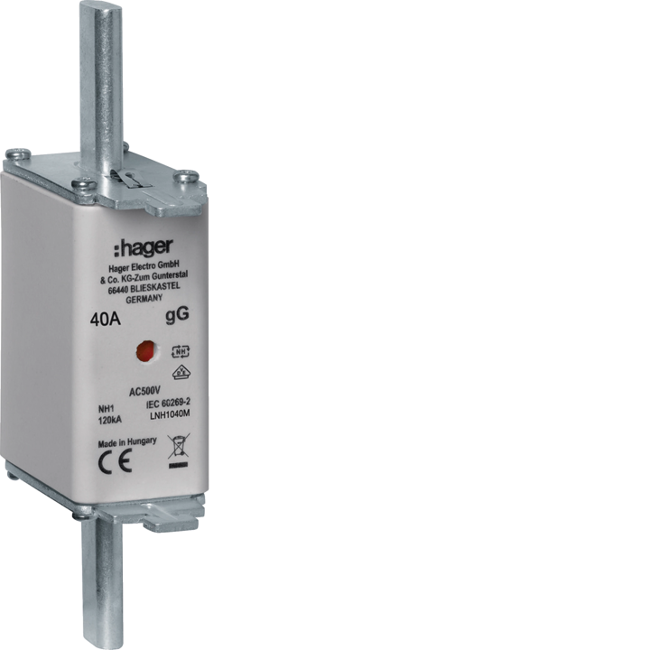 Hager LNH1040M NH1 gG 500V 40A Fuse Link with Central Indicator