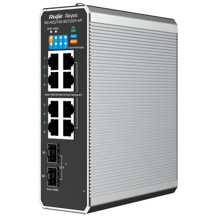 REYEE RG-NIS2100-8GT2SFP-HP Managed Gigabit PoE Switch – 8 PoE+ Ports, 2 SFP Uplinks, 240 W Budget