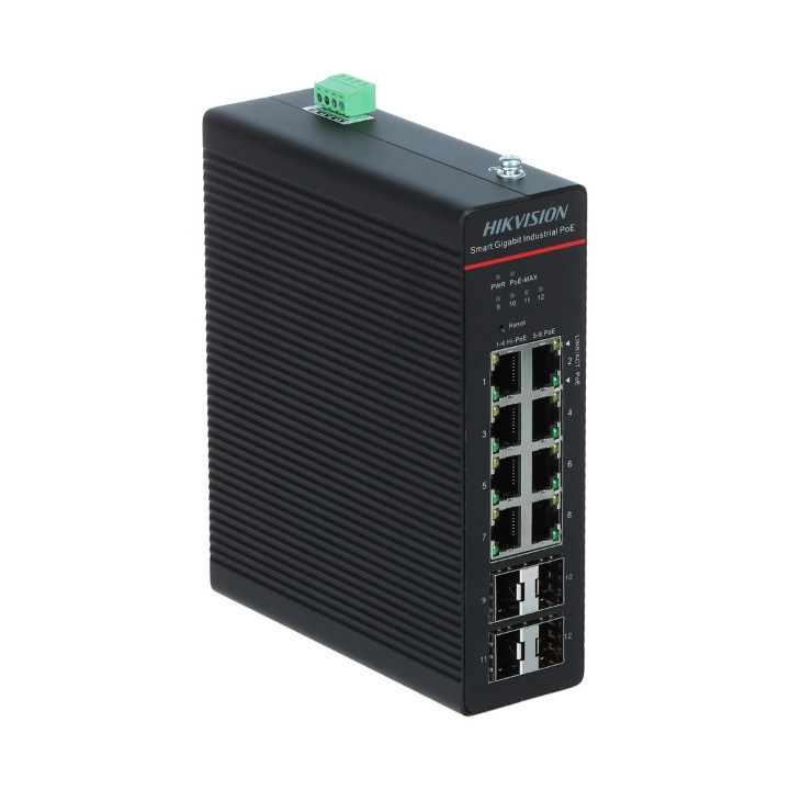 Hikvision DS-3T1512HP-SI-8P4FKIT(75W) 12-portowy niezarządzalny przełącznik PoE, 8 portów PoE+, budżet 75W, 10/100 Mbps