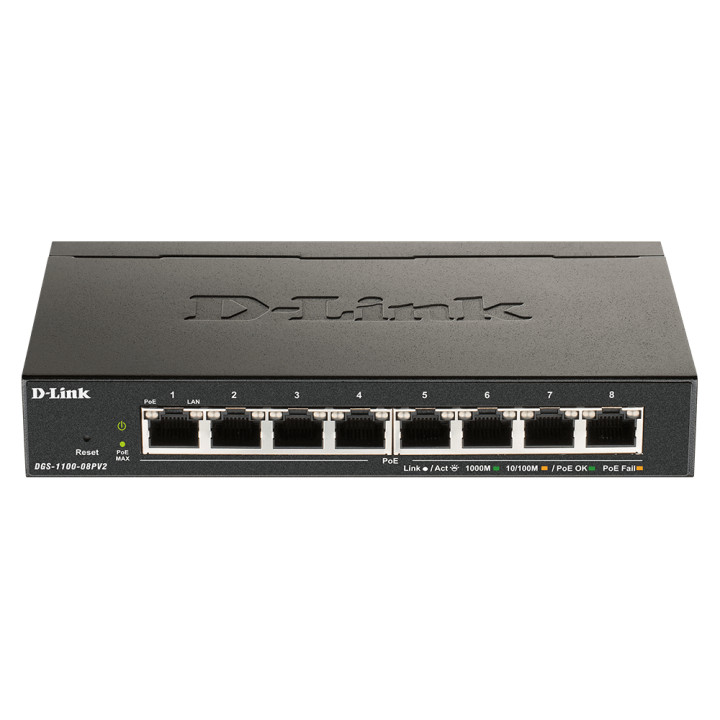 D-Link DGS-1100-08PV2/E Smart Managed PoE Switch - 8 Gigabit Ports, 64W PoE Budget