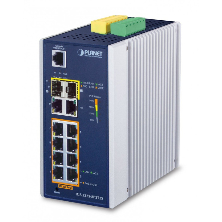 PLANET IGS-5225-8P2T2S Switch PoE+ industriel L2+/L4 entièrement géré avec 8 ports PoE+ Gigabit, liaison montante 2 Gigabit RJ45
