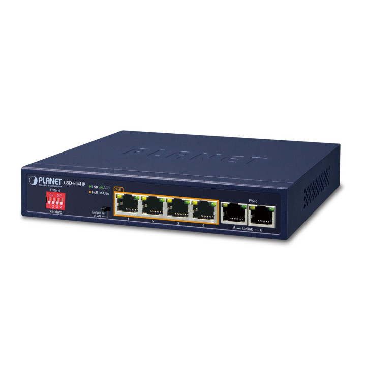 PLANET GSD-604HP 4-Port Gigabit PoE+ Switch with 2 Uplink Ports, 65W Budget