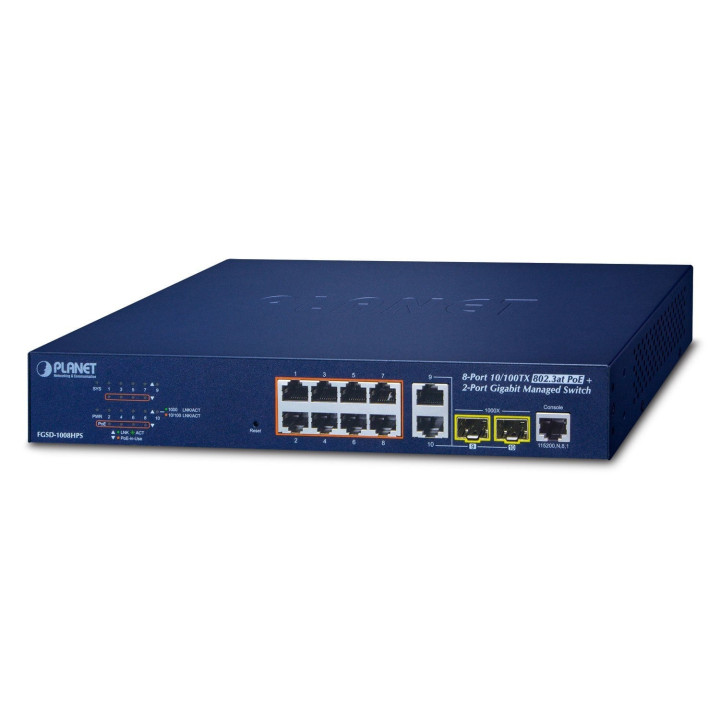 PLANET FGSD-1008HPS 8-Port 10/100TX 802.3at PoE + 2-Port Gigabit TP/SFP Combo Managed Ethernet Switch (120W, 250m Extend mode)