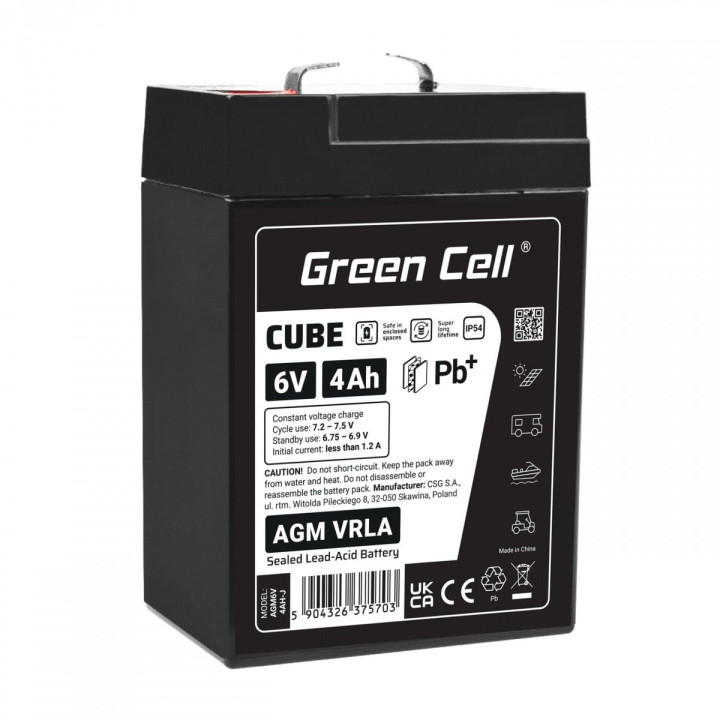 Green Cell AGM6V4AH-J 6V 4Ah AGM VRLA IP54 Maintenance-Free Battery