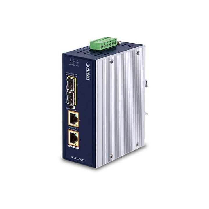 PLANET IGUP-2205AT Convertisseur de média industriel 2 ports 100/1000X SFP vers 2 ports 10/100/1000T 802.3bt PoE++, 90 W par por