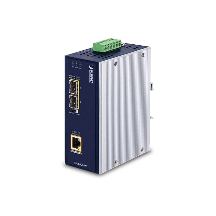 PLANET IGUP-1205AT Convertisseur de Média Industriel PoE++ - 2 Ports 1G SFP vers 1 Port 10/100/1000T 802.3bt Type-4 90W, -40 à 7