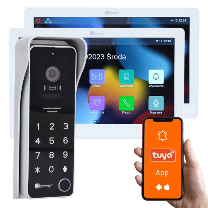 Genway F-S9V13-2W-W-2 2-Wire Video Intercom Kit with 2x 7" Monitors, WiFi Tuya