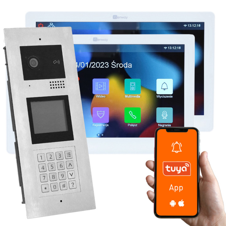 Genway KIT-F-M91-V13-2 Multi-Apartment Video Intercom Kit with Two Touch Monitors, 2 Families, Code/Card/Key Fob Opening, Tuya S