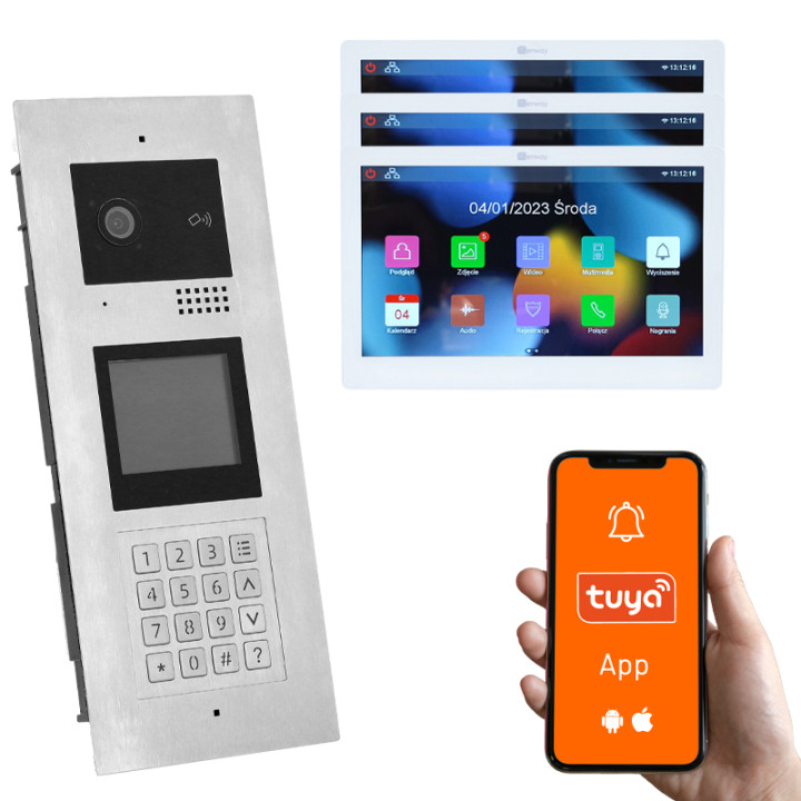 Genway KIT-F-M91-V13-3 Multi-Apartment Video Intercom Kit with 3 Touch Monitors, 3 Families, Code/Card/Fob Entry, Tuya Smartphon