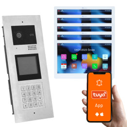 Genway KIT-F-M91-V13-5 Multi-Apartment Video Intercom Kit with 5 Touch Monitors, 5 Families, Code/Card/Fob Access, Tuya Smartpho
