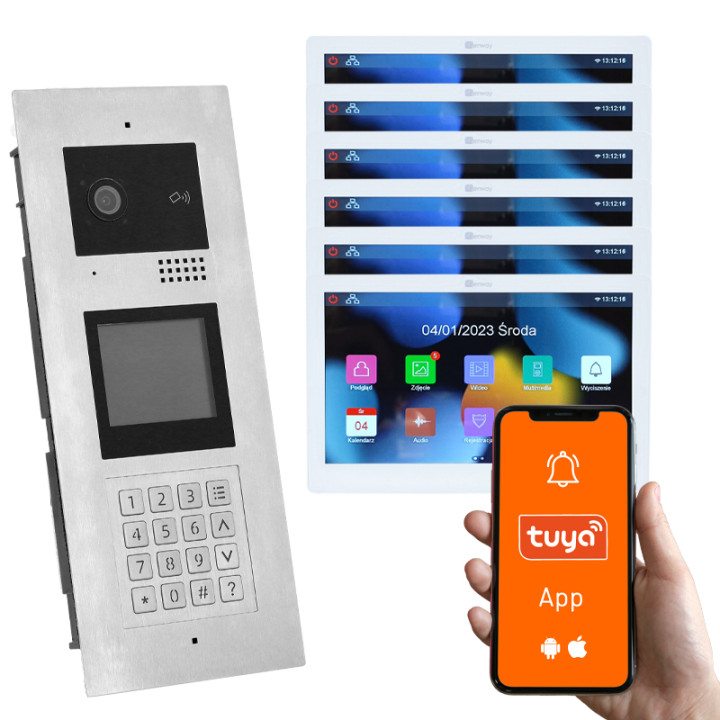 Genway KIT-F-M91-V13-6 Multi-Family Video Intercom Kit with 6 Touchscreen Monitors, 6 Families, Code/Card/Key Fob Entry, Tuya Sm