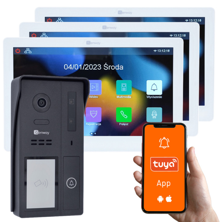 Genway KIT-F-S61-V13-3 Video Doorbell Kit with 3x 7" Touch Monitors, WiFi, Tuya
