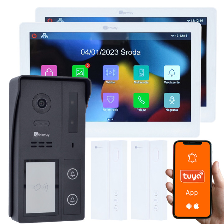Genway KIT-F-S62-V13-A01-2 2-Wire Video Intercom Kit with Two 7" Touch Monitors WiFi Tuya and Two Handsets