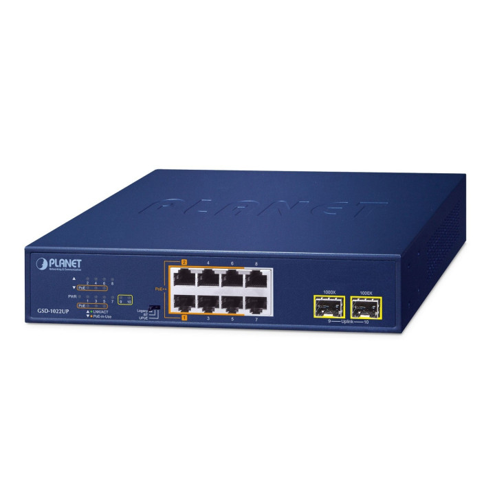 PLANET GSD-1022UP 2-Port 802.3bt PoE + 4-Port 802.3at PoE + 2-Port 1000T + 2-Port 1000X SFP Desktop Switch (180W PoE Budget)