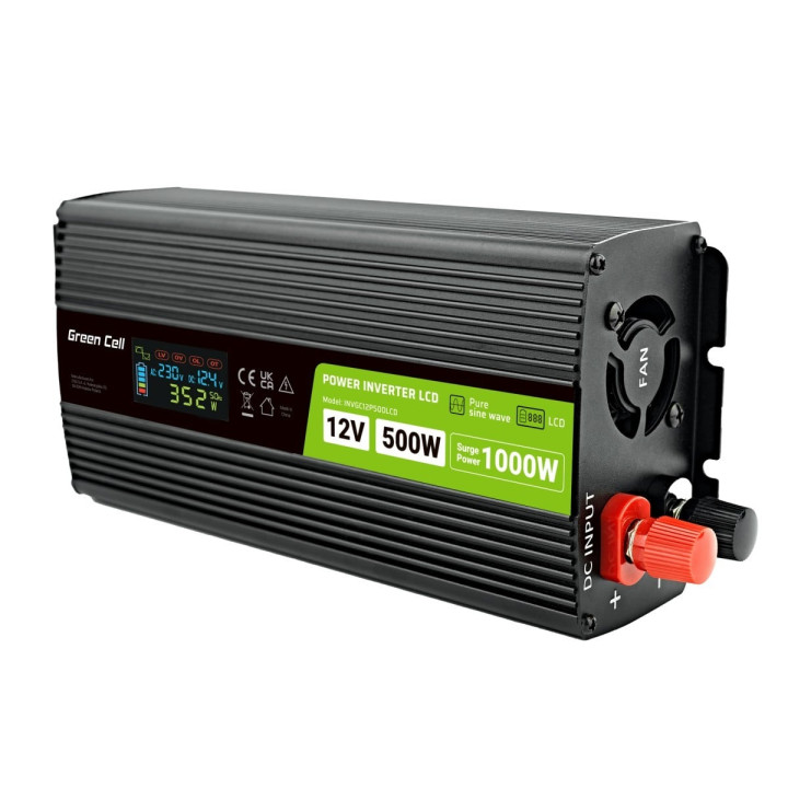 Green Cell INVGC12P500LCD Car Power Inverter 12V to 230V, 500W/1000W