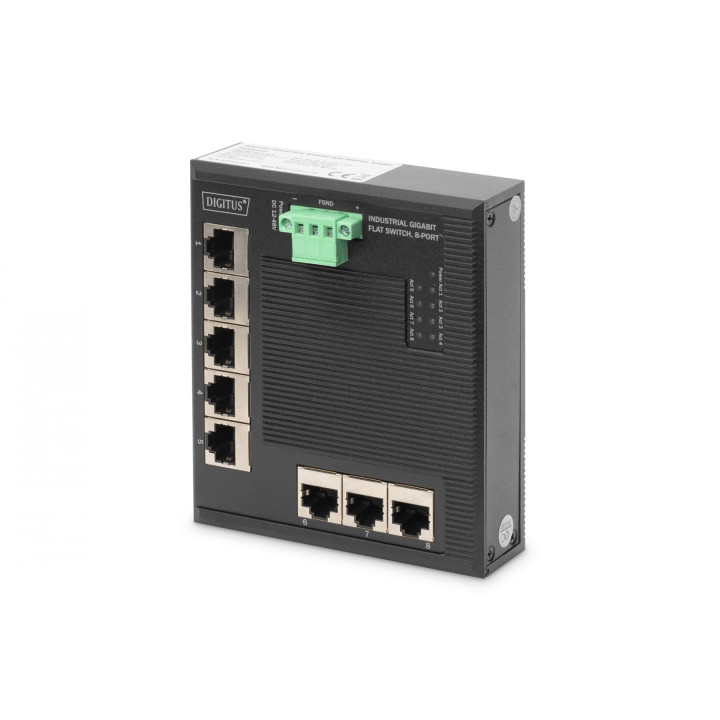 DIGITUS DN-651127 Industrial 8-Port Gigabit Flat Switch, DIN Rail, Extended Temperature Range
