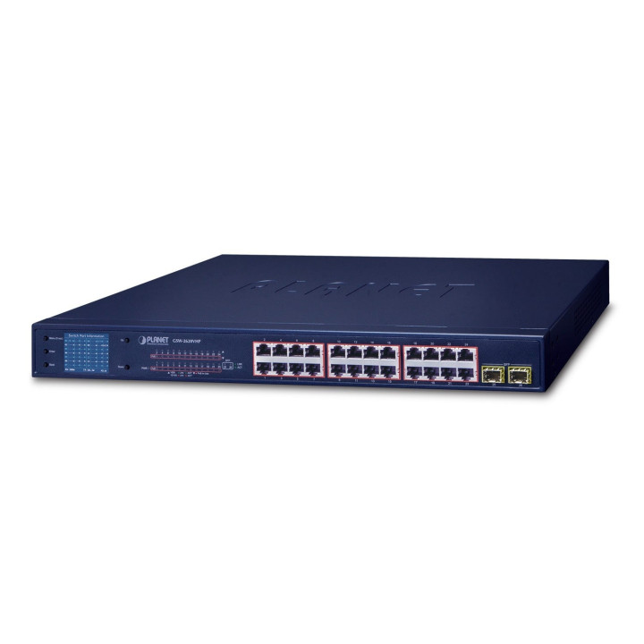 PLANET GSW-2620VHP 24-Port Gigabit PoE+ Switch with 2 SFP Uplinks and LCD Display