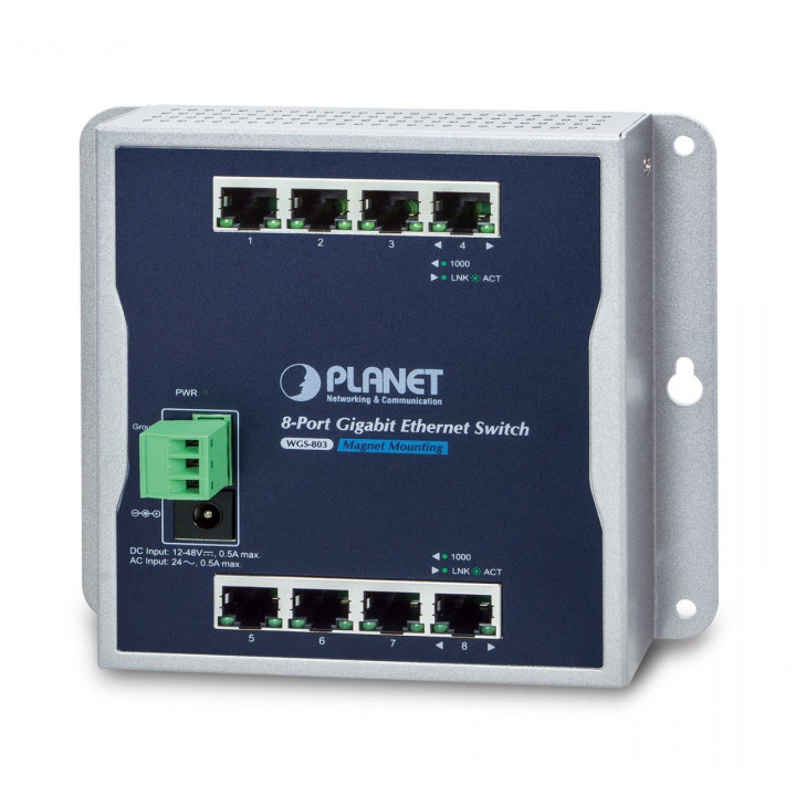PLANET WGS-803 IP30 Commutateur mural Gigabit 8 ports, double entrée d'alimentation 12-48VDC