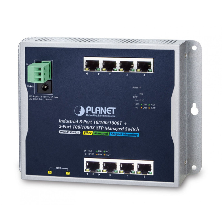 PLANET WGS-4215-8T2S Managed Ethernet Switch, 8-Port Gigabit + 2 SFP, IP30, -40-75°C