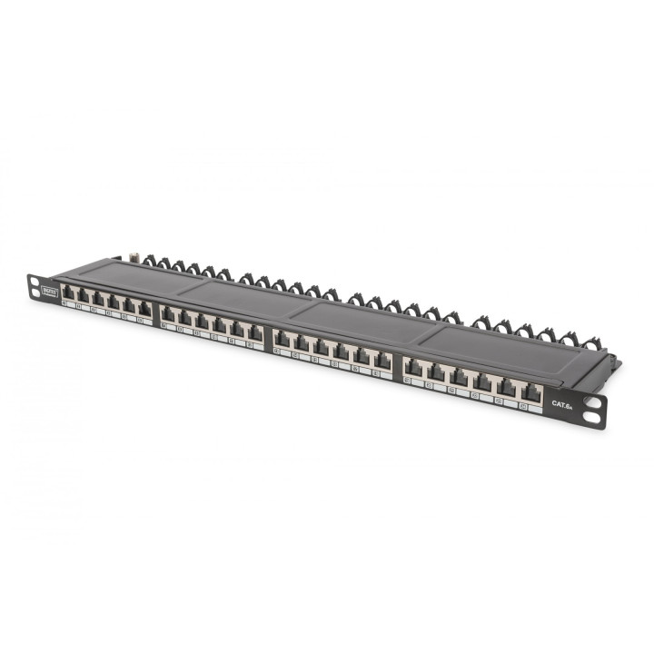 DIGITUS CAT 6A Class EA Shielded Patch Panel, 0.5U 24-Port RJ45, Black
