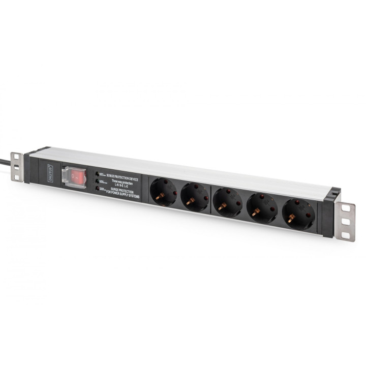 DIGITUS DN-95433 1U Aluminium PDU, 5x Schuko 16A, 230V, Overvoltage Protection, Net Filter, Switch