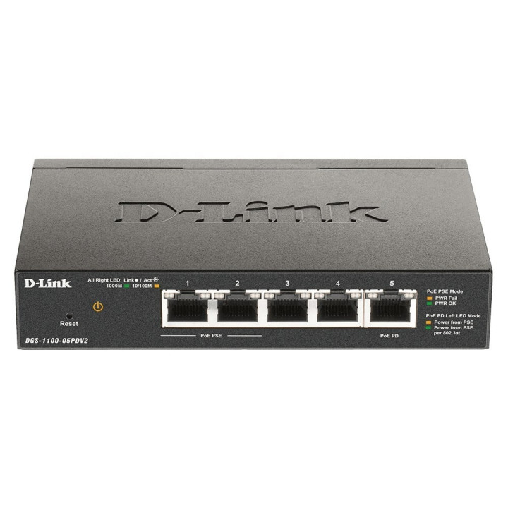 D-Link DGS-1100-05PDV2 Managed Gigabit PoE Switch, 5-Port, 10G/1G, Black