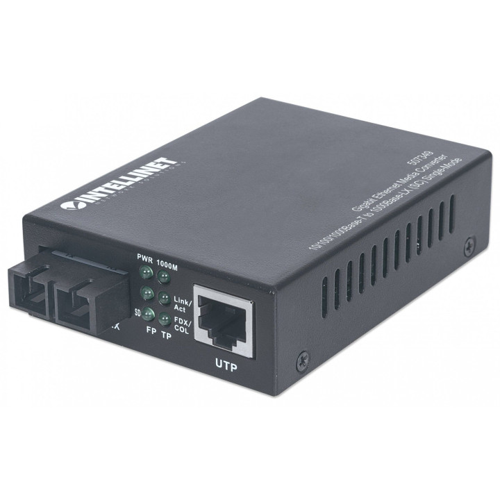 Intellinet Gigabit Ethernet Single Mode Media Converter, 10/100/1000Base-T to 1000Base-Lx (SC) Single-Mode, 20km (Euro 2-pin plu