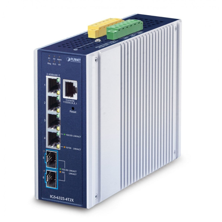 PLANET IGS-6325-4T2X IP30 Industrial L3 Managed Ethernet Switch, 4x 2.5GBASE-T + 2x 10GBASE-X SFP+, -40 to 75°C