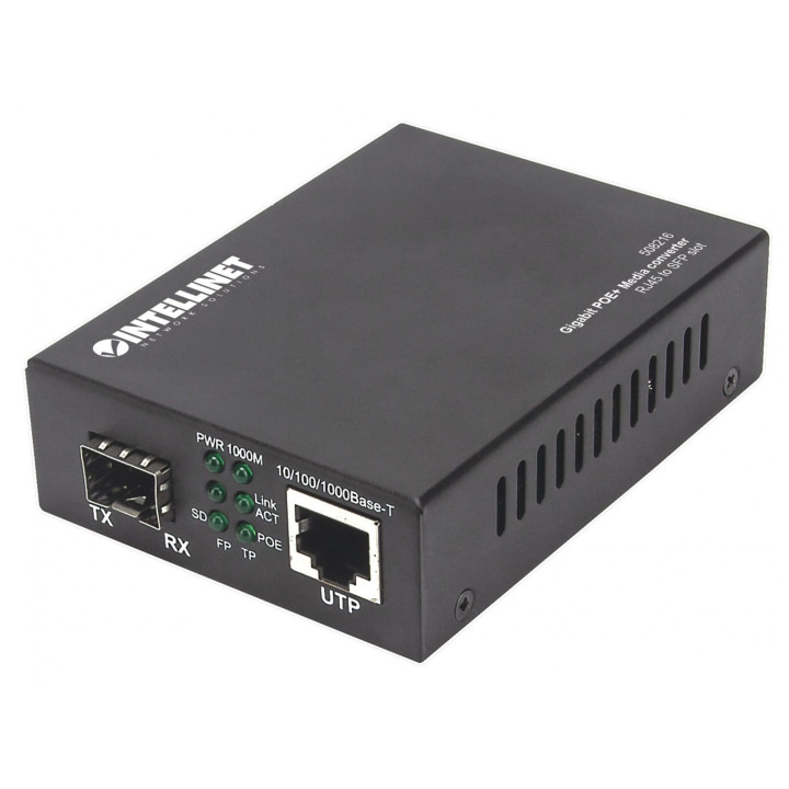 Intellinet Gigabit PoE+ Media Converter, 1 x 1000Base-T RJ45 to 1 x SFP, PoE+ Injector (Euro 2-pin plug)