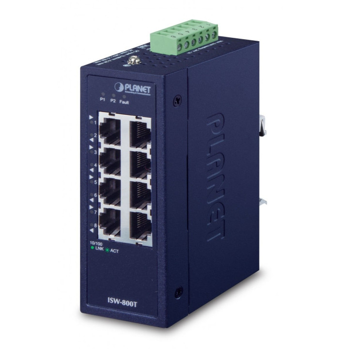 PLANET ISW-800T 8-Port Fast Ethernet Switch, IP30, -40~75°C, UL Certified