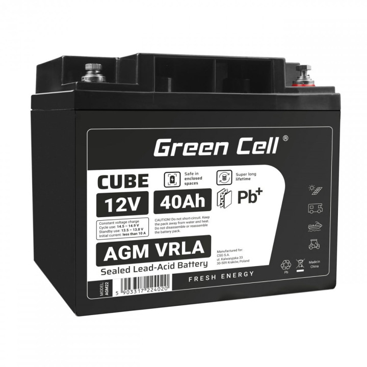 Green Cell AGM12V40AH-J AGM VRLA IP54 12V 40Ah Maintenance-Free Battery
