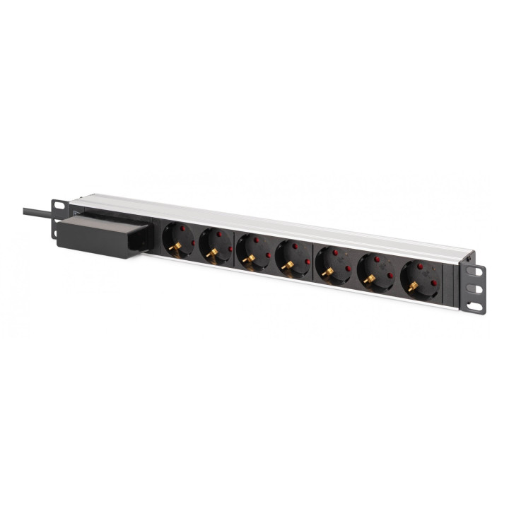 DIGITUS DN-95439 PDU Rack Power Strip 19" with Circuit Breaker, 7x Schuko, 1.8m Cable, 16A, Aluminum