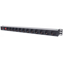 Intellinet 714044 Vertical Rackmount 12-Way Power Strip, German Type, On/Off Switch, Overload Protection, 1.6m Cord