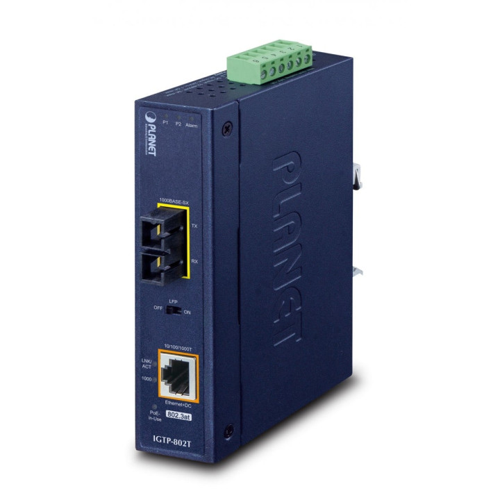 PLANET IGTP-802T Industrial 10/100/1000BASE-T to 1000BASE-SX Media Converter with PoE+