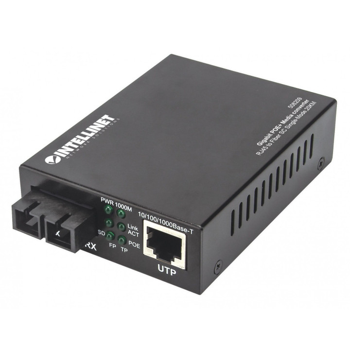 Intellinet Gigabit PoE+ Media Converter, 1000Base-T to 1000Base-LX Single-Mode, 20 km, PoE+ Injector (Euro Plug)