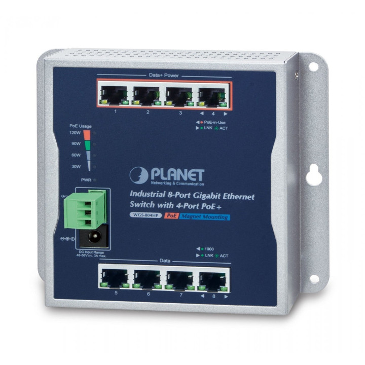 PLANET WGS-804HP Switch PoE+ géré Gigabit 8 ports, 4x PoE+ (802.3at), IP30, montage mural, -40~75°C, double entrée DC