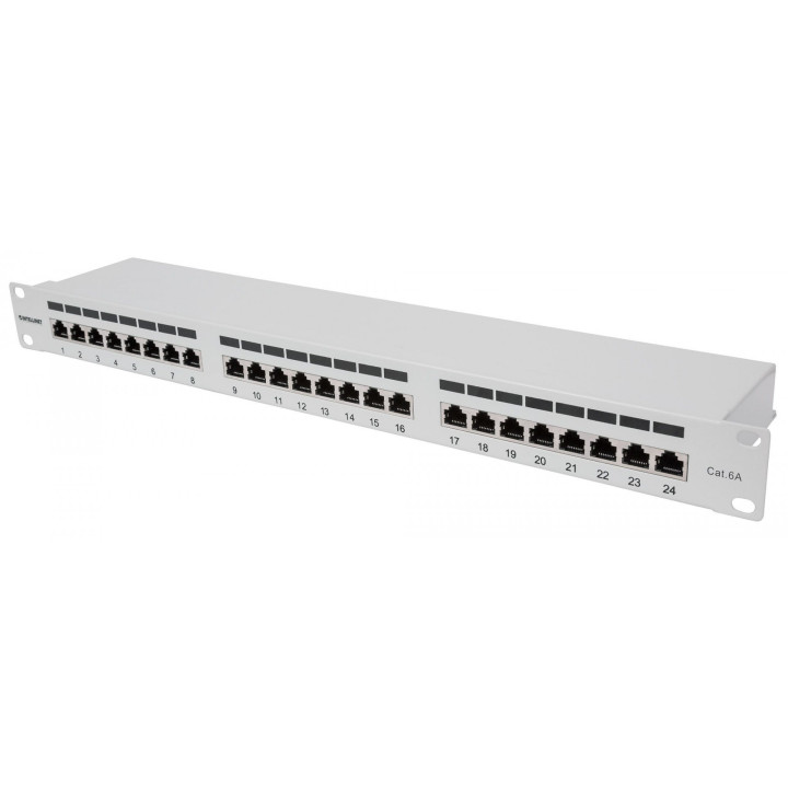 Intellinet Cat6a Shielded Patch Panel 24-Port FTP 1U 90 Degree Top-Entry Punch-Down Blocks Grey