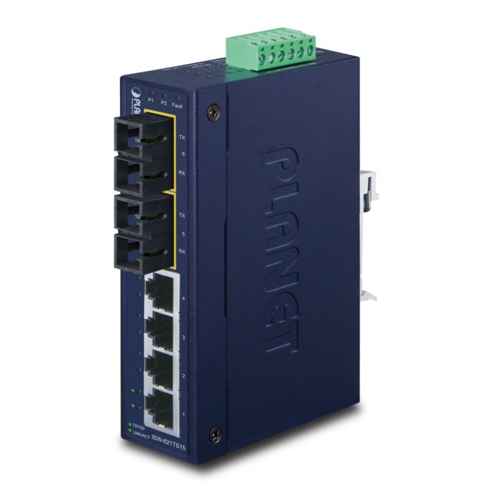 PLANET ISW-621TS15 IP30 Slim Type 4-Port Industrial Ethernet Switch + 2-Port 100Base-FX (15km) (-40 to 75°C)