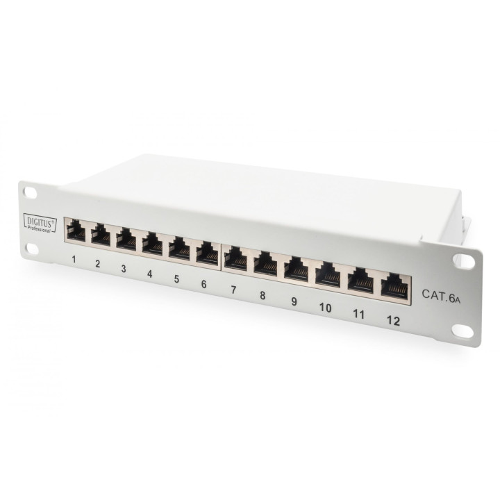 DIGITUS CAT 6A Patch Panel, Shielded, 12-Port, 1U, 10" Rack Mount, Grey RAL 7035