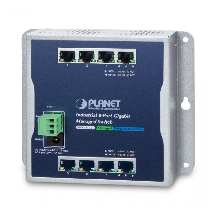 PLANET WGS-4215-8T Managed Gigabit Ethernet Switch, 8-Port 1000Base-T, IP30, -40°C to 75°C, Dual Power Input