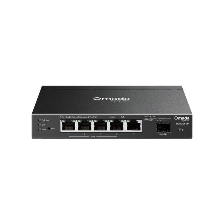 TP-Link SG2206MP Switch PoE géré intelligent | 6 ports Gigabit avec 4 emplacements PoE+ (65 W) et 2 emplacements SFP